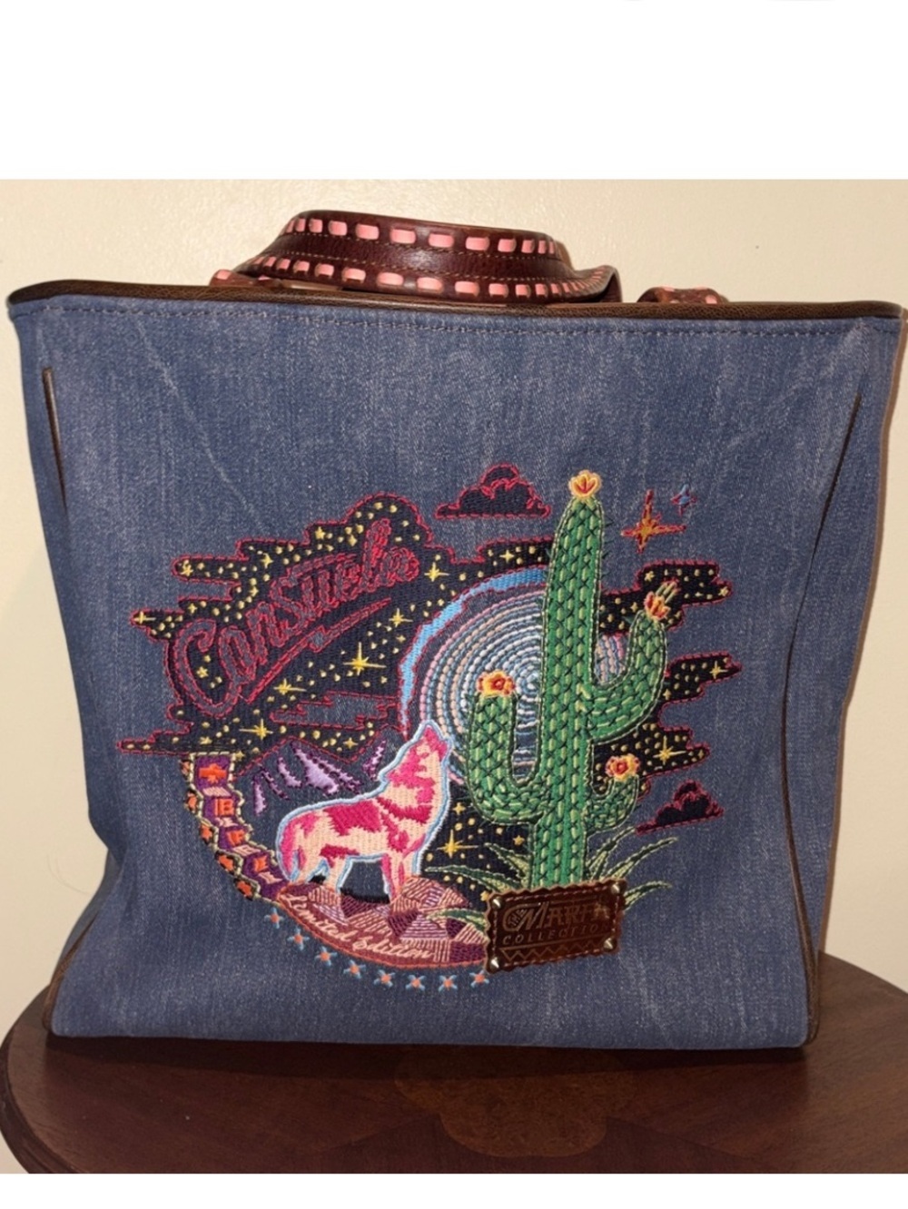 Consuela denim tote bag applique’& embroidery  contrast saddle stitched handles